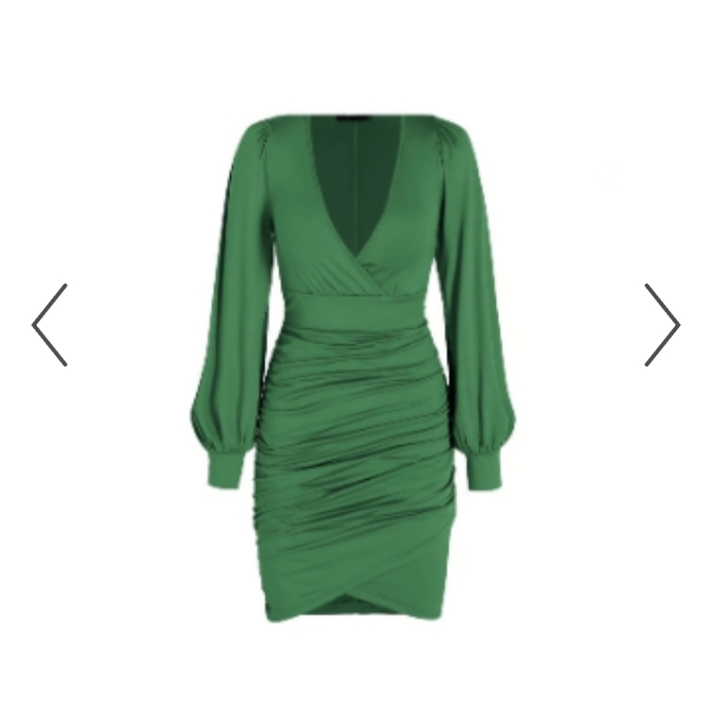 Cider Green Ruched V-Neck Long Sleeve Mini Dress